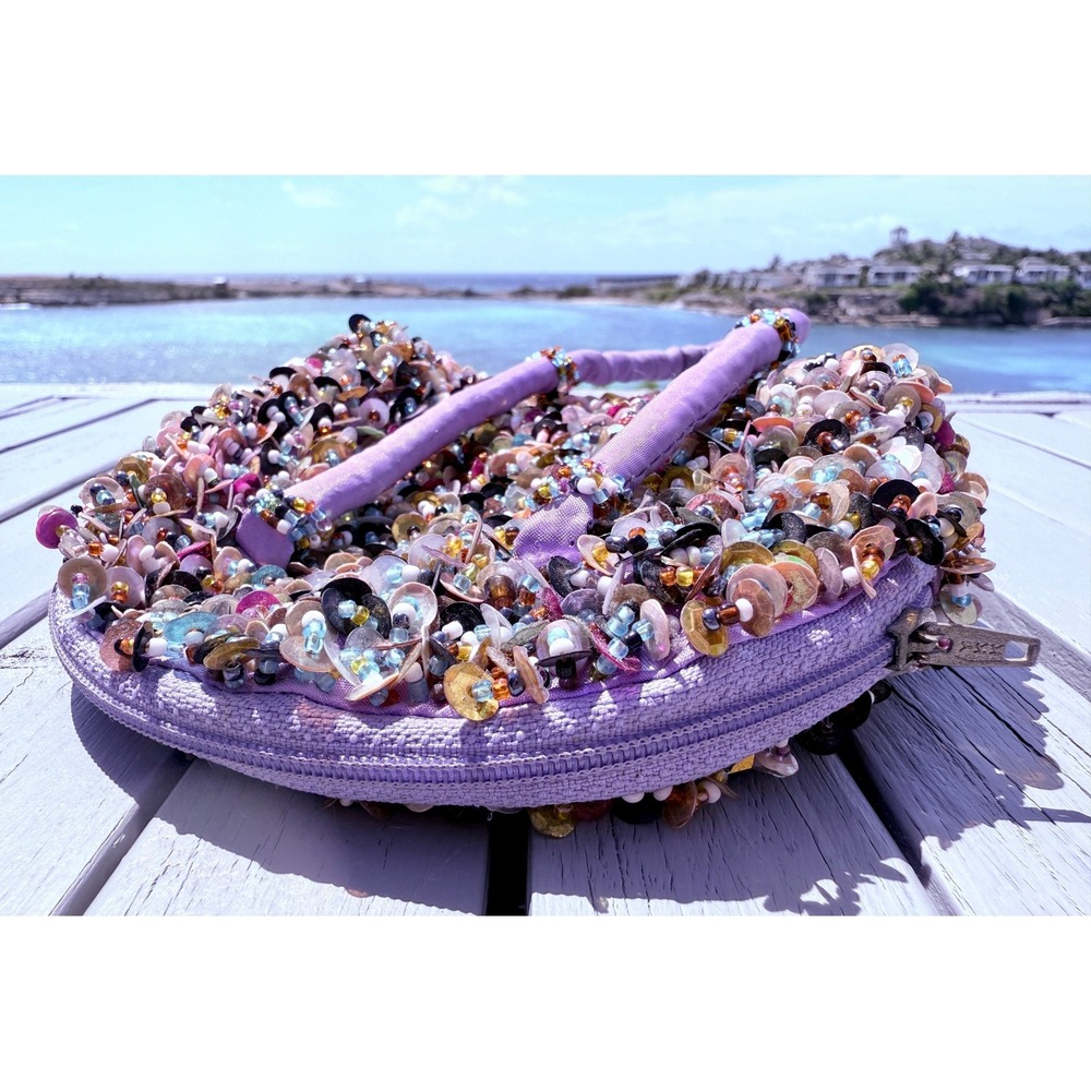 Kitschy Artsty Purple Beaded Sequin Mini Handbag Multi Color Embellished Purse - Picture 5 of 16